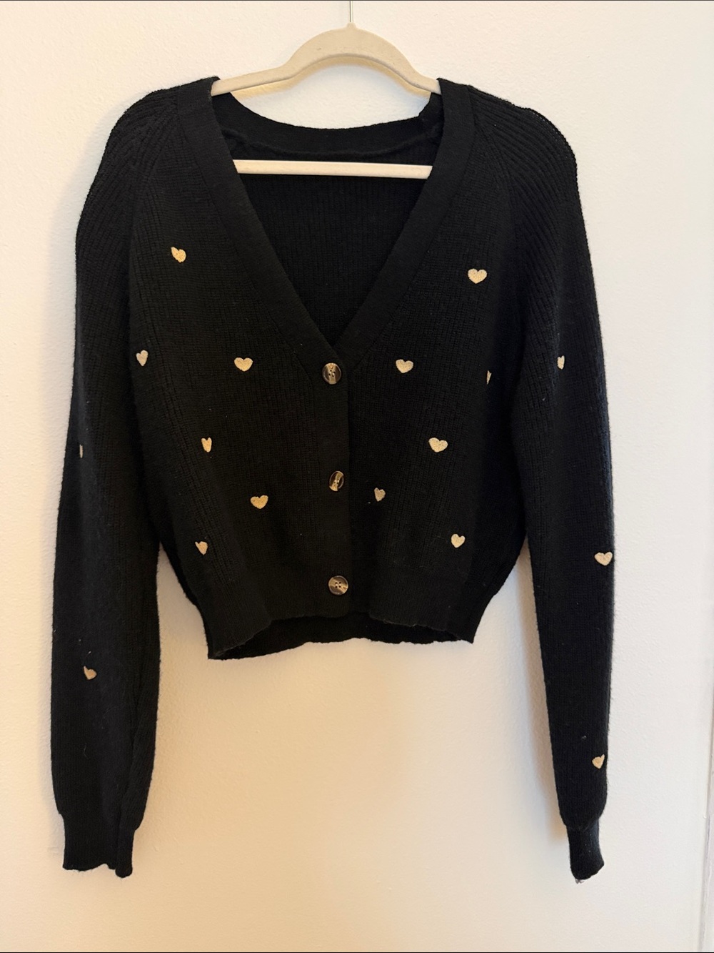 Black Heart-Print V-Neck Cardigan Sweater - Black
